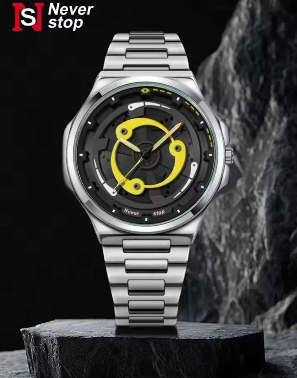 Never Stop Yellow Metal Spinner Watch Analog Quartz Wristwatch Timepiece